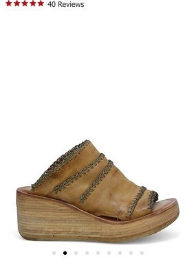 A.S.98 Tan Leather Wedge Slide with Contrast Stitching